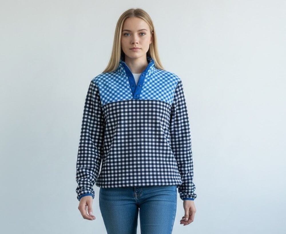 Draper James x Lands End Serious Sweats Blue Gingham Sweatshirt Womens Sz XXL